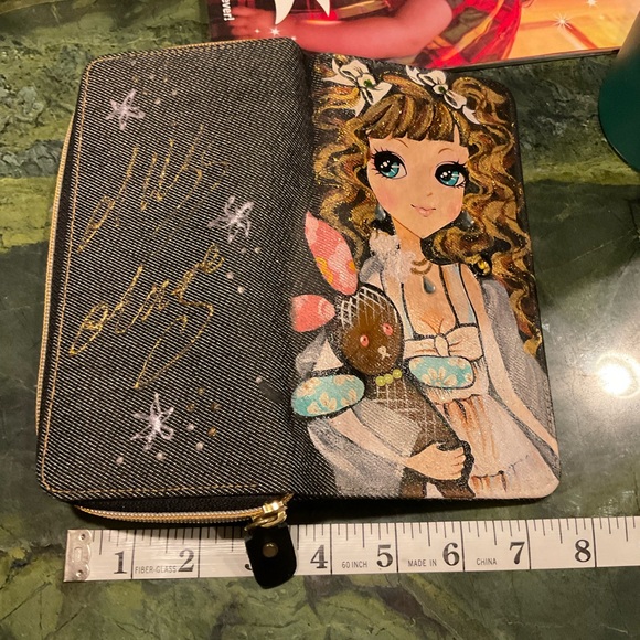 Hand-painted Rhinestones Denim Jean Fold Wallet with Girl Holding Rabbit NWOT - Picture 9 of 12